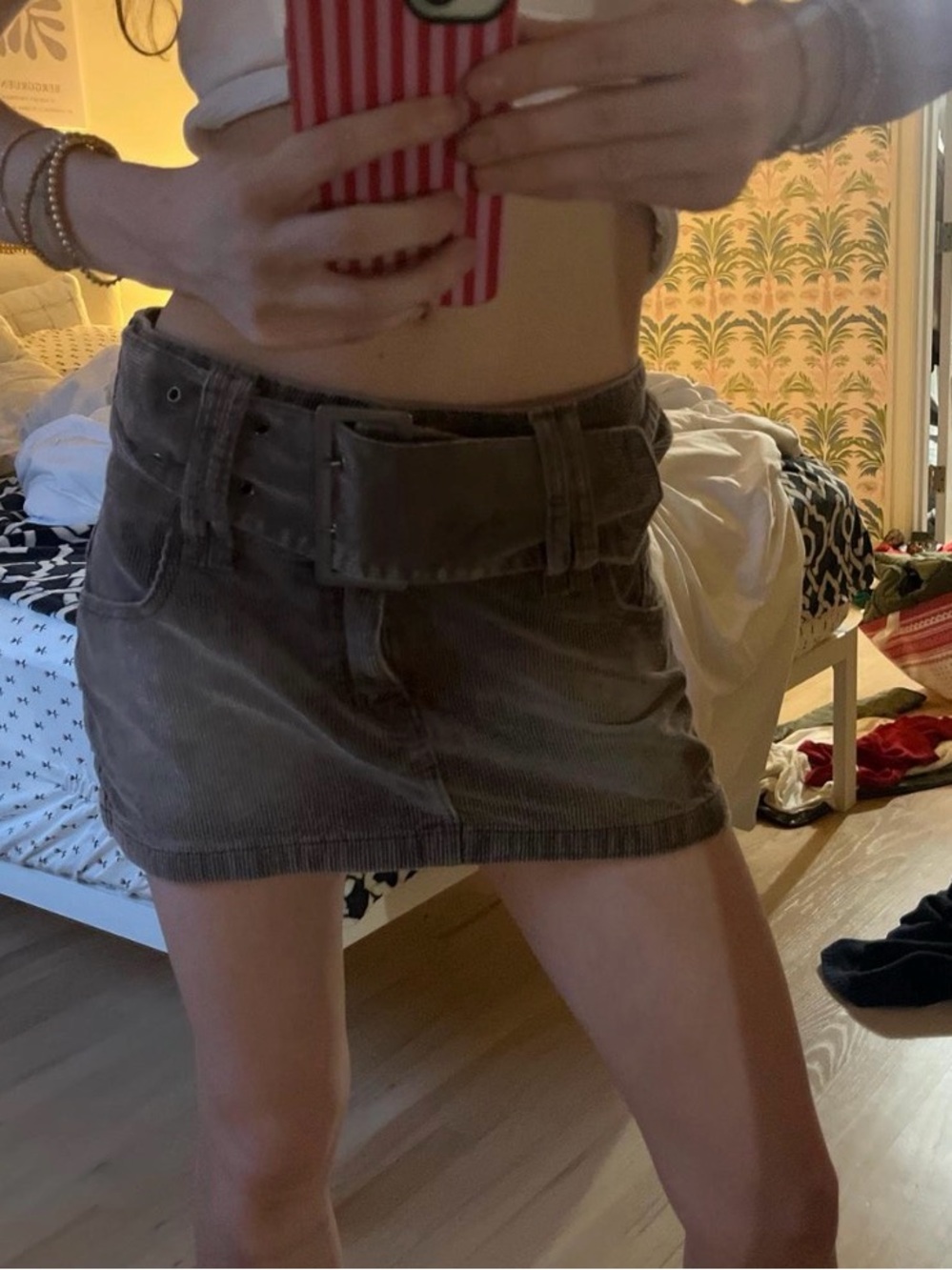 Wide-Belt Corduroy Mini Skirt in Taupe